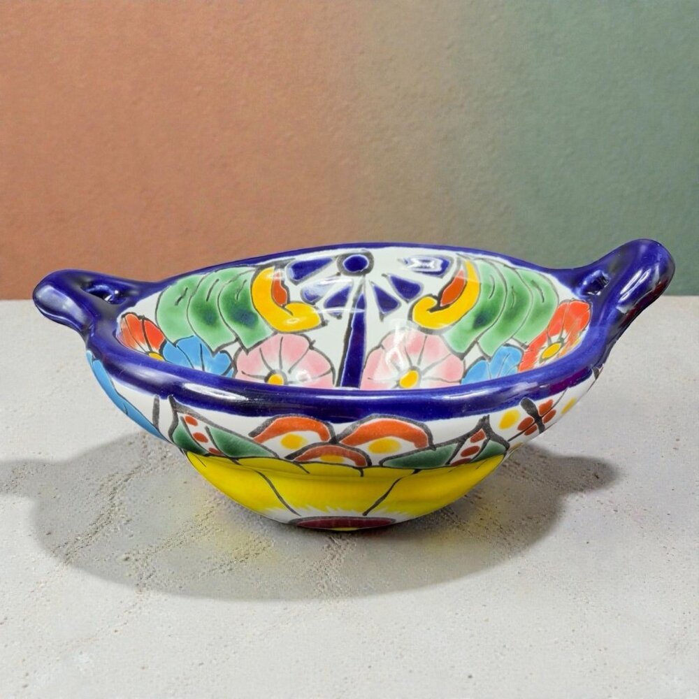 Vintage Hand Made Mexican Pottery Dish Bowl With‎ Handles Multicolored Talavera